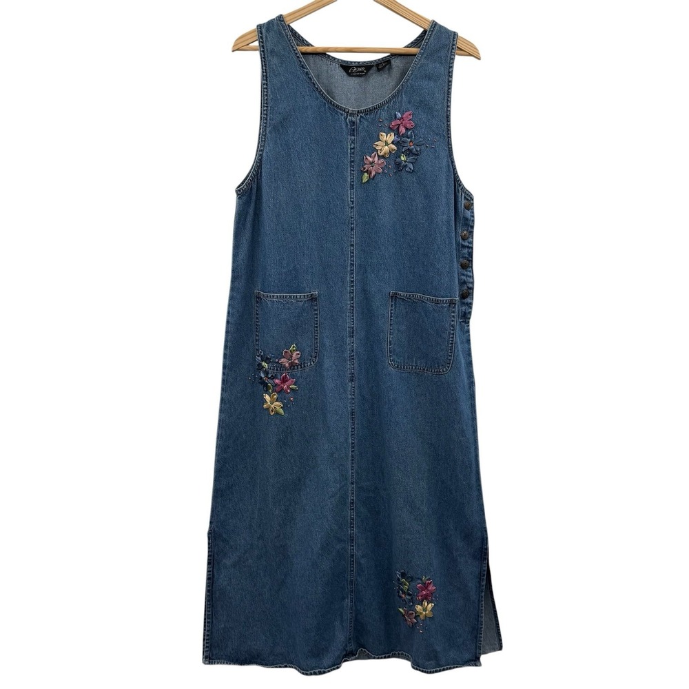 Cottagecore vtg pinafore denim jumper floral embroidered dress agazu size large